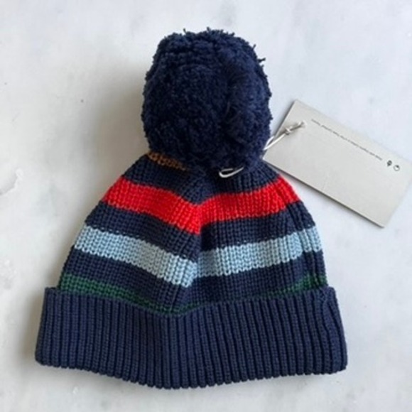 Pact Kids 100% Cotton Knit Pom Pom Beanie Hat Blue Red Stripes OS NWT - Picture 3 of 8